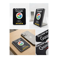 Cartel NFC «Review us on Google» en distintas posiciones: de pie en el mostrador, apoyado y junto a un móvil