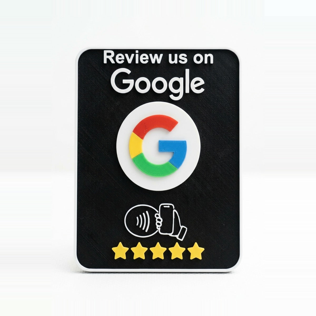 Cartel de reseñas Google con NFC, diseño «Review us on Google» en inglés, impreso en 3D en negro con el logo de Google a color y cinco estrellas