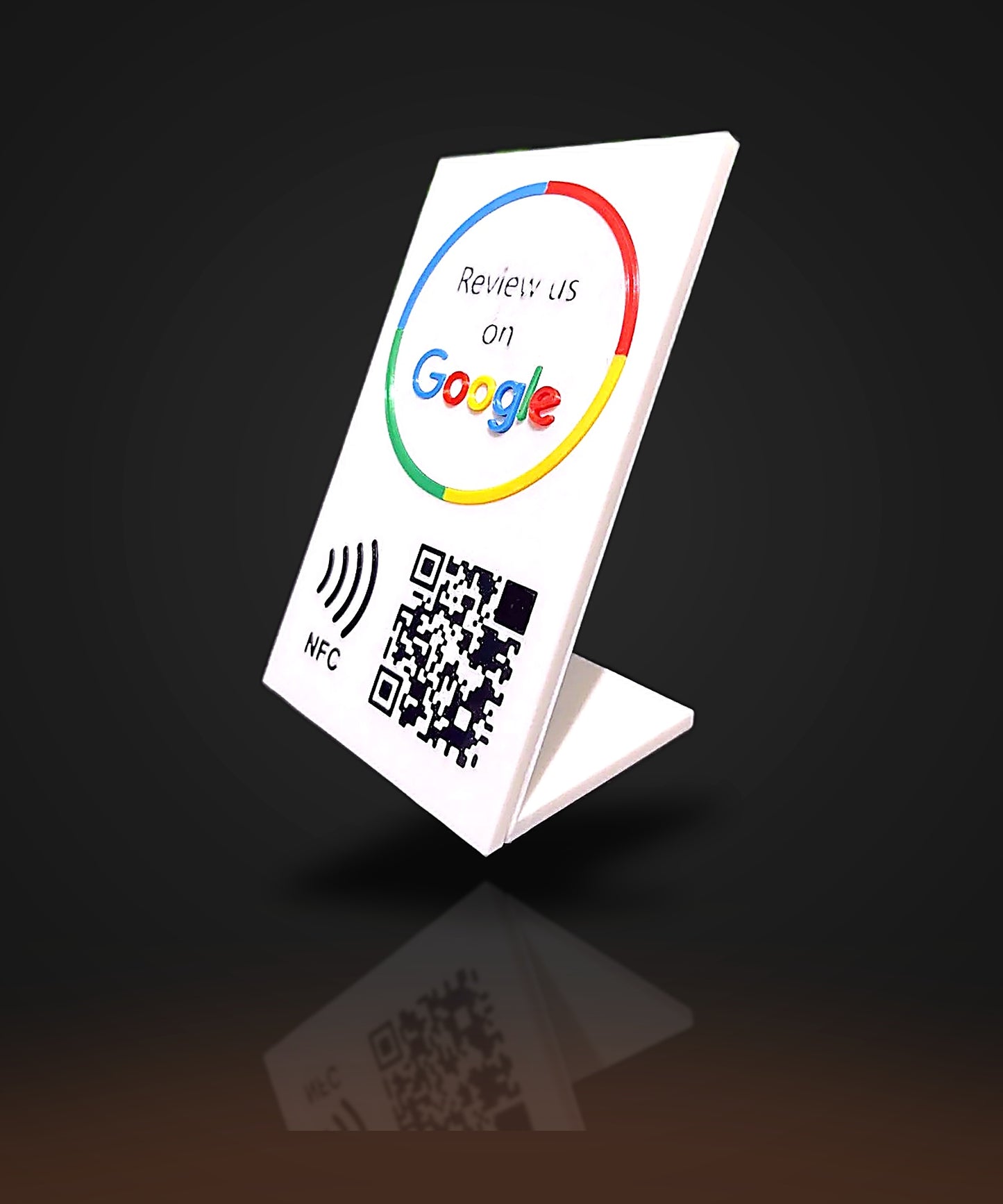 Cartel de reseñas Google con NFC y QR — Personalizado con el nombre de tu negocio
